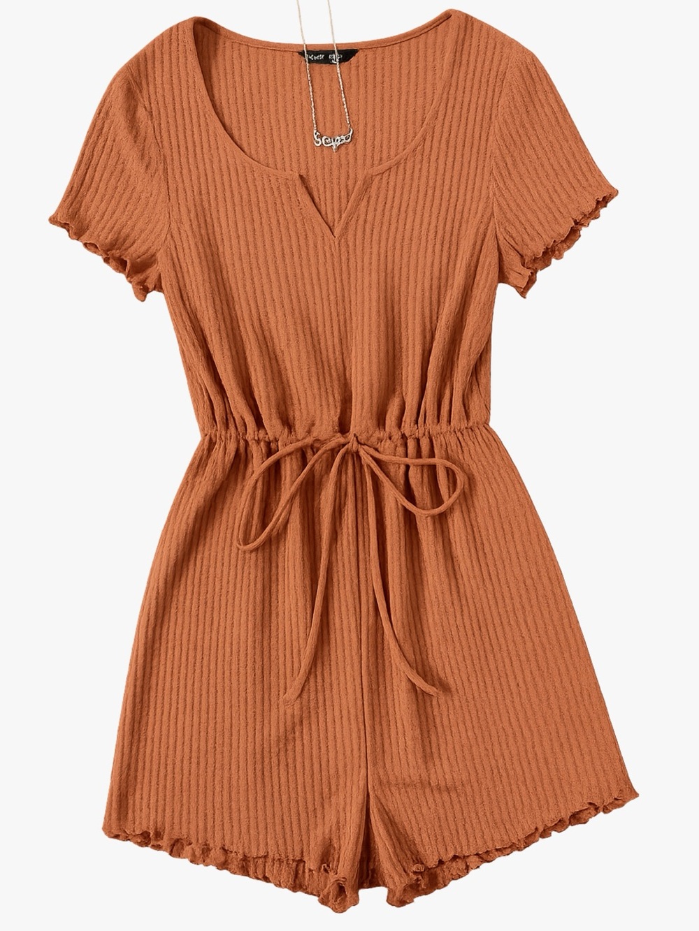 SHEIN Notched Neck Lettuce Trim Waffle Knit Romper Rust Brown XL Boho Cozy